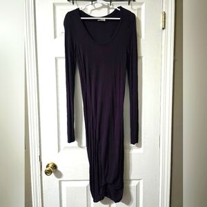 Wilfred Free Dark Purple Long Sleeve Jersey Knit Midi Dress, Tapered Ruched Hem.
